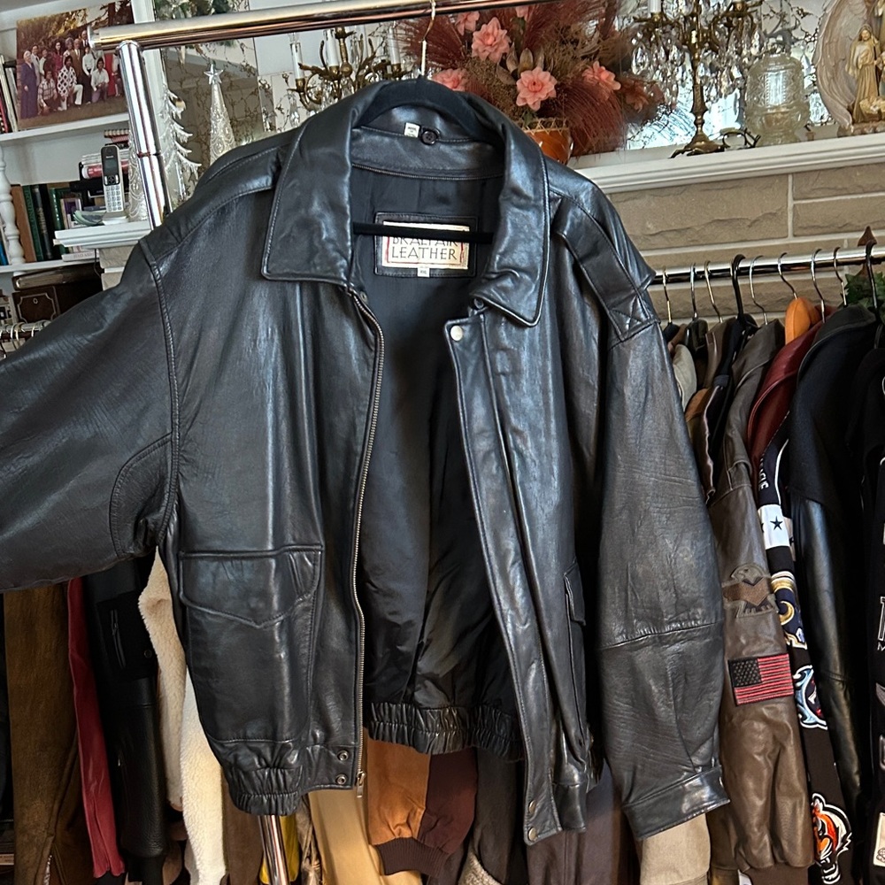 Classic Black Leather Bomber Jacket